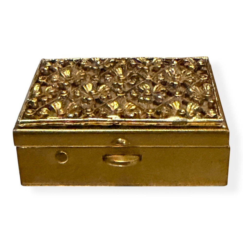 Vintage Gold-Tone Metal Pillbox With Floral Embossed Lid & Blue Velvet Interior